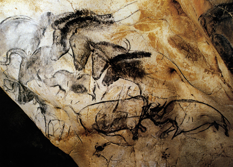 Fighting rhinos and horses. Detail from one of the most important panels of Chauvet.  It contains twenty animals including rhinoceroses and horses. (Click on image to view larger.)